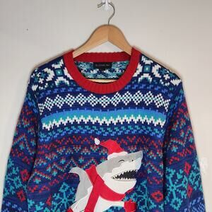 XL Christmas Sweater Knit Shark Blue Red Mens Acrylic Blizzard Bay